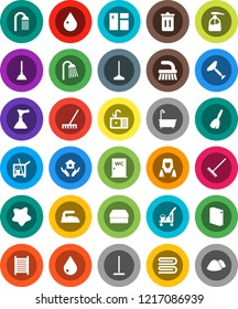 White Solid Icon Set- plunger vector, scraper, cleaner trolley, broom, fetlock, mop, rake, sponge, towel, trash bin, water drop, window cleaning, splotch, iron, bath, washing powder, liquid soap