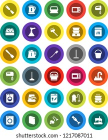 White Solid Icon Set- plunger vector, vacuum cleaner, mop, bucket, sponge, car fetlock, washing powder, water tap, kettle, spatula, blender, washer, dishwasher, mixer, coffee maker, multi cooker