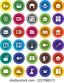 White Solid Icon Set- plunger vector, mop, sponge, car fetlock, welcome mat, iron, steaming, shining window, house hold, oven, school building, university, dry cargo, warehouse, chalet, plan, sold