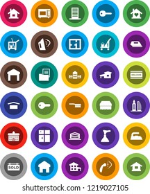 White Solid Icon Set- plunger vector, cleaner trolley, fetlock, sponge, welcome mat, iron, steaming, shining window, microwave oven, university, school building, dry cargo, warehouse, home, key