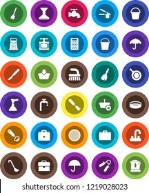 White Solid Icon Set- plunger vector, broom, fetlock, bucket, water tap, car, pan, cook press, spatula, ladle, grater, sieve, case, hand trainer, umbrella, scalpel, supply, basket, kettle