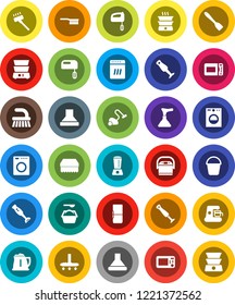 White Solid Icon Set- plunger vector, vacuum cleaner, fetlock, bucket, sponge, washing powder, kettle, spatula, double boiler, blender, fridge, washer, dishwasher, mixer, coffee maker, hood