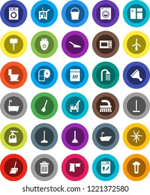 White Solid Icon Set- plunger vector, scraper, cleaner trolley, broom, fetlock, mop, scoop, bucket, trash bin, window cleaning, bath, toilet, drying clothes, washer, liquid soap, paper, shower