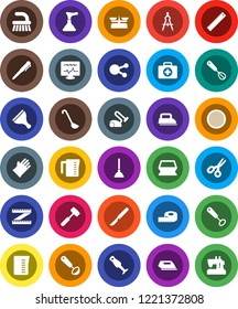 White Solid Icon Set- plunger vector, scraper, fetlock, sponge, rubber glove, measuring cup, whisk, ladle, meat hammer, blender, sieve, ruler, drawing compass, pen, scissors, first aid kit, scalpel