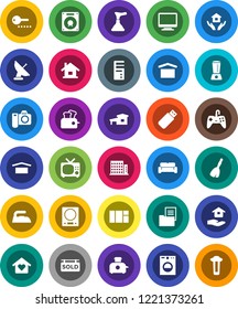 White Solid Icon Set- plunger vector, broom, iron, house hold, dry cargo, cottage, estate document, sold signboard, apartments, cushioned furniture, love home, password, washer, toaster, blender, tv