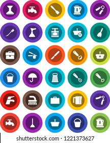 White Solid Icon Set- plunger vector, broom, water tap, fetlock, bucket, car, kettle, measuring cup, cook press, whisk, spatula, ladle, grater, case, hand trainer, umbrella, scalpel, basket