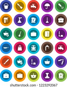 White Solid Icon Set- plunger vector, broom, bucket, water tap, car fetlock, toilet brush, pan, kettle, measuring cup, cook press, whisk, spatula, case, hand trainer, umbrella, scalpel, supply