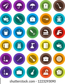 White Solid Icon Set- plunger vector, broom, water tap, fetlock, bucket, car, toilet brush, measuring cup, cook press, whisk, spatula, ladle, grater, sieve, case, hand trainer, umbrella, basket