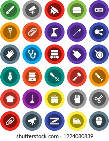 White Solid Icon Set- plunger vector, sponge, car fetlock, iron, rubber glove, pan, whisk, rolling pin, meat hammer, cutting board, double boiler, pen, telescope, measuring, social media, crutches