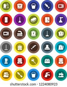 White Solid Icon Set- plunger vector, water tap, vacuum cleaner, fetlock, mop, bucket, sponge, kettle, spatula, microwave oven, double boiler, blender, fridge, coffee maker, hood, multi cooker