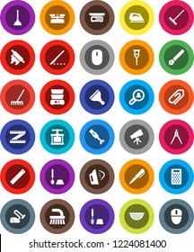 White Solid Icon Set- plunger vector, scraper, fetlock, rake, iron, steaming, toilet brush, colander, cook press, rolling pin, grater, double boiler, blender, pen, ruler, drawing compass, telescope