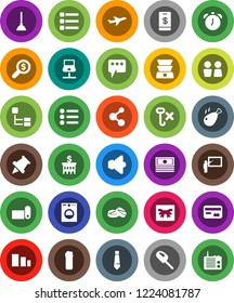 White Solid Icon Set- plunger vector, cleaning agent, water closet, chicken leg, blackboard, alarm clock, paper pin, cash, bank building, money search, tie, molecule, fitness mat, plane, no hook