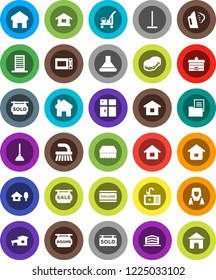 White Solid Icon Set- plunger vector, cleaner trolley, fetlock, mop, sponge, welcome mat, steaming, shining window, sink, woman, microwave oven, university, home, house, cottage, chalet, rooms, sold