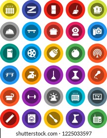 White Solid Icon Set- plunger vector, scoop, car fetlock, pan, spatula, dish, ruler, barbell, measuring, horizontal bar, fitball, skateboard, film spool, antenna, tv, rca, tomography, siren, washer