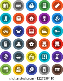 White Solid Icon Set- plunger vector, vacuum cleaner, iron, bath, house hold, sink, double boiler, dry cargo, key, plan, sold signboard, search estate, building, home, mixer, coffee maker, hood, fan