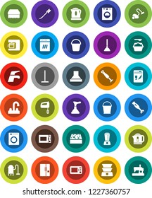 White Solid Icon Set- plunger vector, water tap, vacuum cleaner, mop, bucket, sponge, car fetlock, washing powder, microwave oven, blender, fridge, washer, dishwasher, mixer, coffee maker, hood
