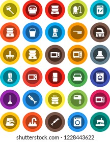 White Solid Icon Set- plunger vector, vacuum cleaner, fetlock, bucket, sponge, water tap, microwave oven, double boiler, blender, fridge, washer, dishwasher, mixer, coffee maker, hood, multi cooker