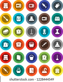 White Solid Icon Set- plunger vector, mop, bucket, sponge, car fetlock, washing powder, rubber glove, water tap, kettle, spatula, microwave oven, double boiler, blender, fridge, dishwasher, hood