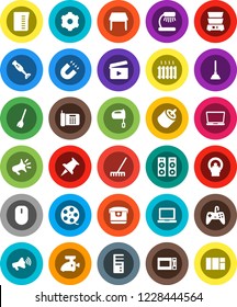 White Solid Icon Set- plunger vector, broom, rake, measuring cup, mixer, microwave oven, double boiler, blender, table lamp, notebook pc, magnet, cinema clap, film spool, loudspeaker, thumbtack, rca