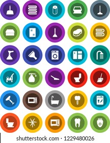 White Solid Icon Set- plunger vector, scraper, cleaner trolley, mop, scoop, sponge, towel, window cleaning, bath, toilet, washer, liquid soap, paper, shower, microwave oven, tooth, implant, windmill
