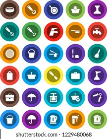 White Solid Icon Set- plunger vector, broom, water tap, fetlock, bucket, car, toilet brush, pan, kettle, cook press, whisk, spatula, ladle, sieve, case, hand trainer, umbrella, supply, shopping bag