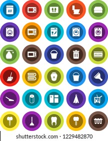 White Solid Icon Set- plunger vector, scraper, cleaner trolley, scoop, bucket, sponge, towel, trash bin, window cleaning, welcome mat, toilet, washer, liquid soap, paper, microwave oven, tooth