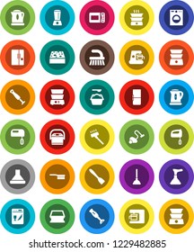White Solid Icon Set- plunger vector, vacuum cleaner, fetlock, sponge, washing powder, kettle, spatula, double boiler, blender, fridge, washer, dishwasher, mixer, coffee maker, hood, multi cooker