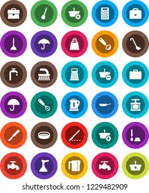 White Solid Icon Set- plunger vector, broom, fetlock, water tap, toilet brush, pan, kettle, measuring cup, cook press, whisk, ladle, grater, sieve, case, umbrella, scalpel, supply, shopping bag