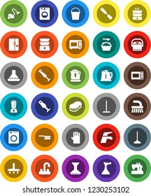 White Solid Icon Set- plunger vector, water tap, vacuum cleaner, fetlock, mop, bucket, sponge, car, washing powder, rubber glove, kettle, spatula, microwave oven, double boiler, blender, fridge