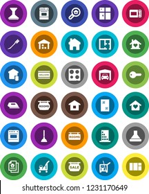 White Solid Icon Set- plunger vector, cleaner trolley, car fetlock, window cleaning, welcome mat, shining, oven, warehouse, home, garage, plan, estate document, sale signboard, rooms, search, key