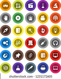White Solid Icon Set- plunger vector, vacuum cleaner, scoop, rubber glove, measuring cup, knife, toaster, double boiler, microscope, paper pin, magnet, hoop, gymnast rings, cinema clap, disk, hdmi