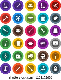 White Solid Icon Set- plunger vector, broom, fetlock, rake, sponge, car, iron, toilet brush, rubber glove, pan, colander, measuring cup, cook press, whisk, spatula, meat hammer, cutting board, sieve