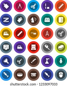 White Solid Icon Set- plunger vector, scraper, fetlock, sponge, iron, steaming, toilet brush, rubber glove, measuring cup, cutting board, double boiler, blender, sieve, pen, ruler, drawing compass