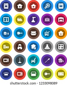 White Solid Icon Set- plunger vector, cleaner trolley, mop, sponge, car fetlock, iron, woman, microwave oven, school building, dry cargo, key, house, cottage, chalet, garage, plan, rooms signboard