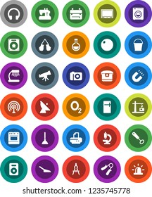 White Solid Icon Set- plunger vector, scoop, bucket, whisk, drawing compass, backpack, telescope, table lamp, magnet, hand trainer, fitball, boxing glove, oxygen, satellite antenna, headphones, oven
