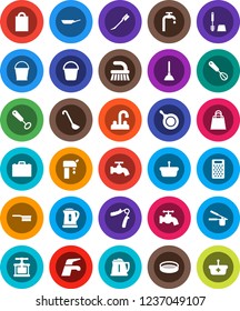 White Solid Icon Set- plunger vector, water tap, fetlock, bucket, car, toilet brush, pan, kettle, cook press, whisk, ladle, grater, sieve, case, hand trainer, supply, shopping bag, basket