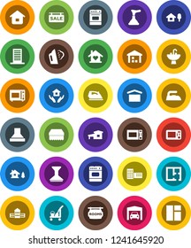 White Solid Icon Set- plunger vector, cleaner trolley, sponge, car fetlock, iron, steaming, house hold, sink, microwave oven, school building, dry cargo, warehouse, cottage, chalet, garage, plan