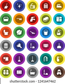 White Solid Icon Set- plunger vector, scraper, water tap, fetlock, mop, scoop, bucket, sponge, trash bin, shining, window cleaning, splotch, iron, bath, toilet, drying clothes, brush, liquid soap