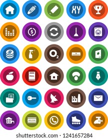 White Solid Icon Set- plunger vector, welcome mat, sprayer, mushroom, pen, pencil, award cup, exchange, diet, roller Skates, oxygen, satellite antenna, equalizer, remote control, chromosomes, home