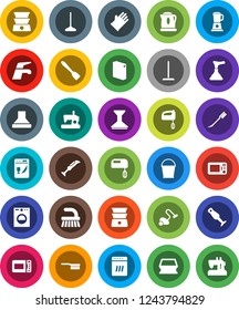 White Solid Icon Set- plunger vector, water tap, vacuum cleaner, fetlock, mop, bucket, sponge, car, washing powder, rubber glove, spatula, double boiler, blender, washer, dishwasher, mixer, hood