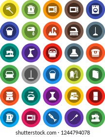 White Solid Icon Set- plunger vector, vacuum cleaner, fetlock, mop, bucket, sponge, car, washing powder, water tap, kettle, microwave oven, double boiler, blender, fridge, washer, mixer, hood