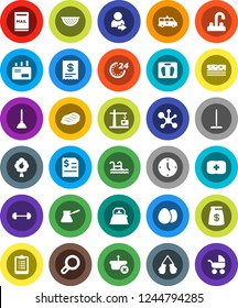 White Solid Icon Set- plunger vector, mop, water tap, kettle, colander, turk coffee, egg, steak, molecule, annual report, clock, barbell, scales, clipboard, boxing glove, breads, first aid kit, pool