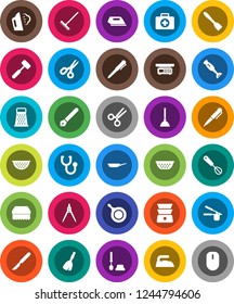 White Solid Icon Set- plunger vector, broom, rake, sponge, iron, steaming, toilet brush, pan, colander, cook press, whisk, spatula, meat hammer, grater, double boiler, blender, pen, drawing compass