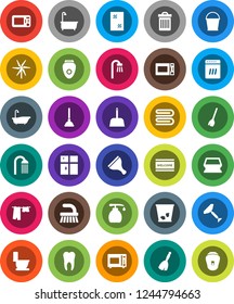 White Solid Icon Set- plunger vector, scraper, broom, fetlock, scoop, bucket, sponge, towel, trash bin, window cleaning, welcome mat, bath, toilet, drying clothes, liquid soap, shining, shower