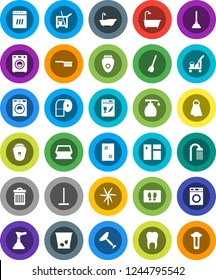 White Solid Icon Set- plunger vector, scraper, cleaner trolley, broom, fetlock, mop, sponge, towel, trash bin, window cleaning, welcome mat, bath, washer, liquid soap, toilet paper, shower, tooth