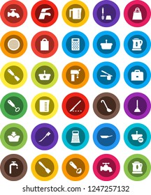 White Solid Icon Set- plunger vector, water tap, car fetlock, toilet brush, pan, kettle, measuring cup, cook press, whisk, spatula, ladle, grater, sieve, case, scalpel, supply, shopping bag, basket