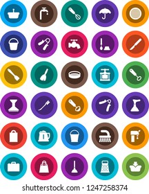 White Solid Icon Set- plunger vector, broom, fetlock, bucket, water tap, car, toilet brush, kettle, cook press, whisk, spatula, ladle, grater, sieve, case, hand trainer, umbrella, scalpel, supply