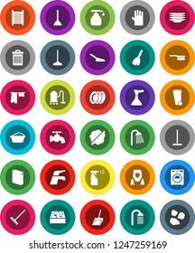 White Solid Icon Set- plunger vector, broom, water tap, vacuum cleaner, fetlock, mop, scoop, rake, sponge, trash bin, splotch, drying clothes, washer, foam basin, washing powder, liquid soap, plates
