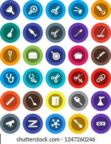White Solid Icon Set- plunger vector, scraper, broom, rake, sponge, car fetlock, pan, measuring cup, cook press, spatula, ladle, blender, ruler, telescope, scissors, social media, crutches, coupon
