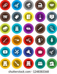 White Solid Icon Set- plunger vector, scraper, fetlock, sponge, steaming, rubber glove, pan, colander, measuring cup, spatula, grater, double boiler, pen, telescope, scissors, first aid kit, scalpel